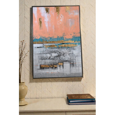 Coral Reef Abstract Canvas Painting Coral Blue Gold Framed 61"x41"