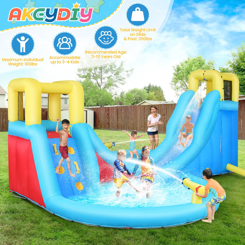 15.42' x 14.57' Inflatable Slide with Water Slide and Air Blower