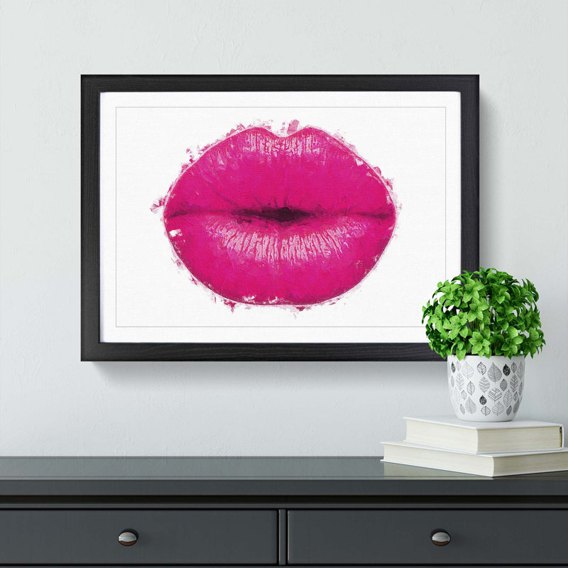 Hot Pink Lips in Abstract - Picture Frame Painting Print, 62cm H x 87cm W x 2cm D, Black Framed