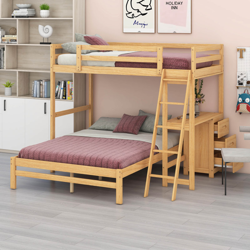 Solid Wood Twin Over Full Bunk Bed With Built-In Desk,  3 Drawers And Guardrail, Natural