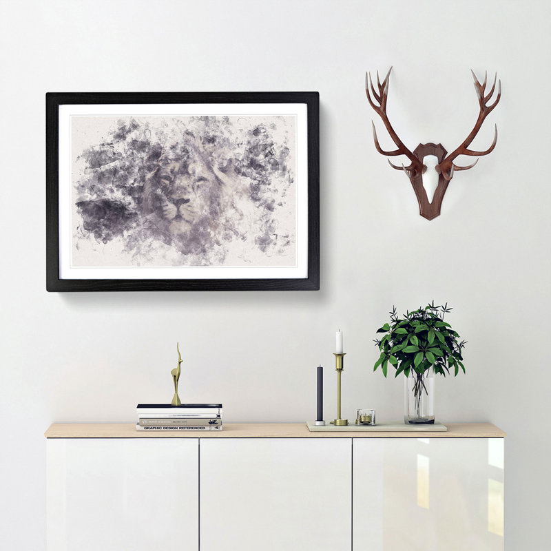 Lion in the Mist Watercolour - Picture Frame Graphic Art Print, 45cm H x 63cm W x 2cm D, Black Framed