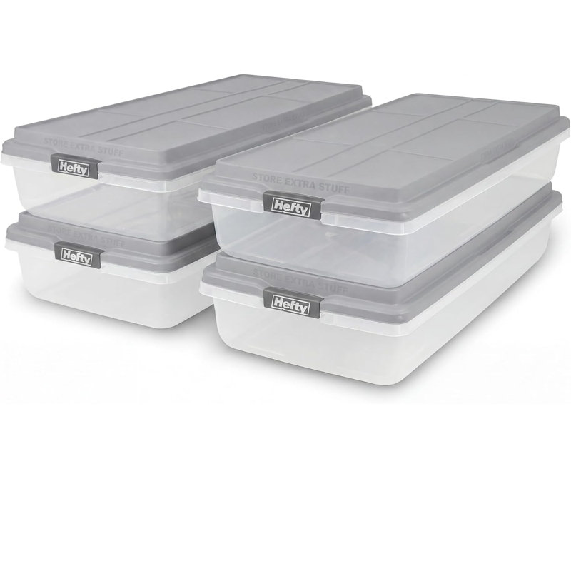 Paquet de 4 bacs de rangement en plastique avec couvercle Hefty Hi-Rise 63 pintes, gris ciment