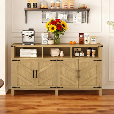 Kylith 59'' Farmhouse 4-Door Sideboard Buffet With Power Outlets & USB Ports And Open Shelf