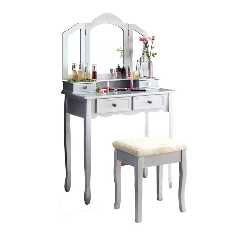Wooden Vanity Make Up Table And Stool Set For Bedroom, Silver