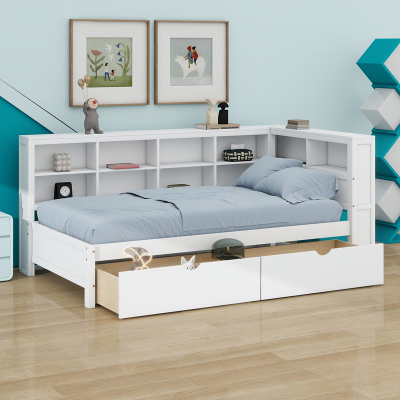 Daybed With Drawers,Shelf And USB Charging Ports, White