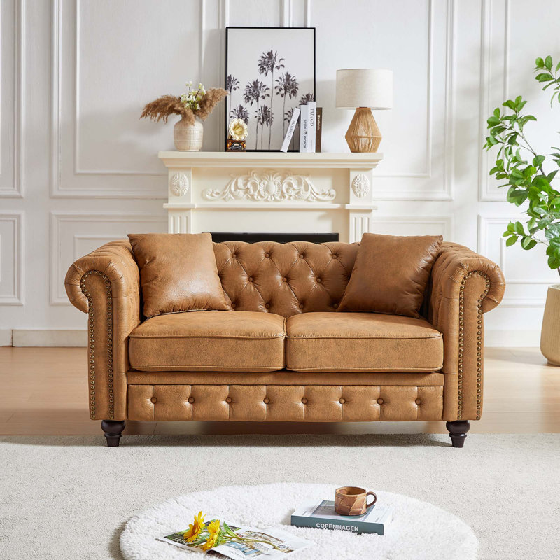 Canapé Chesterfield 63,5 po, boutons en tissu technique avec 2 coussins, Brun