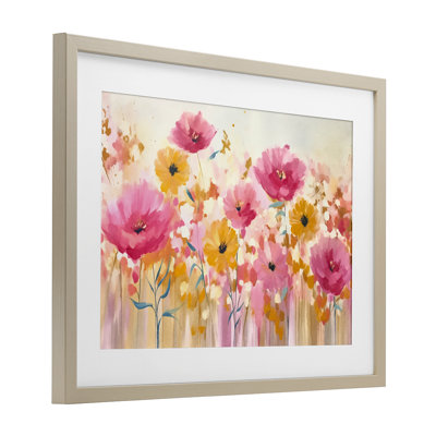 Blooming Whimsy, impression encadrée sous verre rose et jaune, design par Andrea Haase