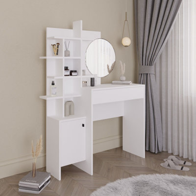 Modern Make-Up Table with Mirror, White, 28.0 x 59.4 x 13.8 inches | 100% Melamine Coated Particle Board, Soft-Close Hinges | Numerous Shelves, Wall-Mountable, Elegant Scandinavian Design for Stylish Bedrooms