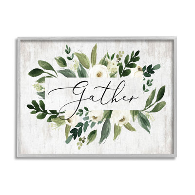 " Gather Text White Flower Green Botanicals Distressed Pattern " by Lettered And Lined