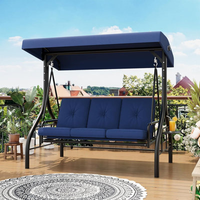 Balancelle d'extérieur réglable pour 3 personnes - Lit convertible - Coussins moelleux, porte-gobelets et plateau intégrés, structure en acier résistante aux intempéries - idéale pour la terrasse, le jardin et la cour - bleu marine