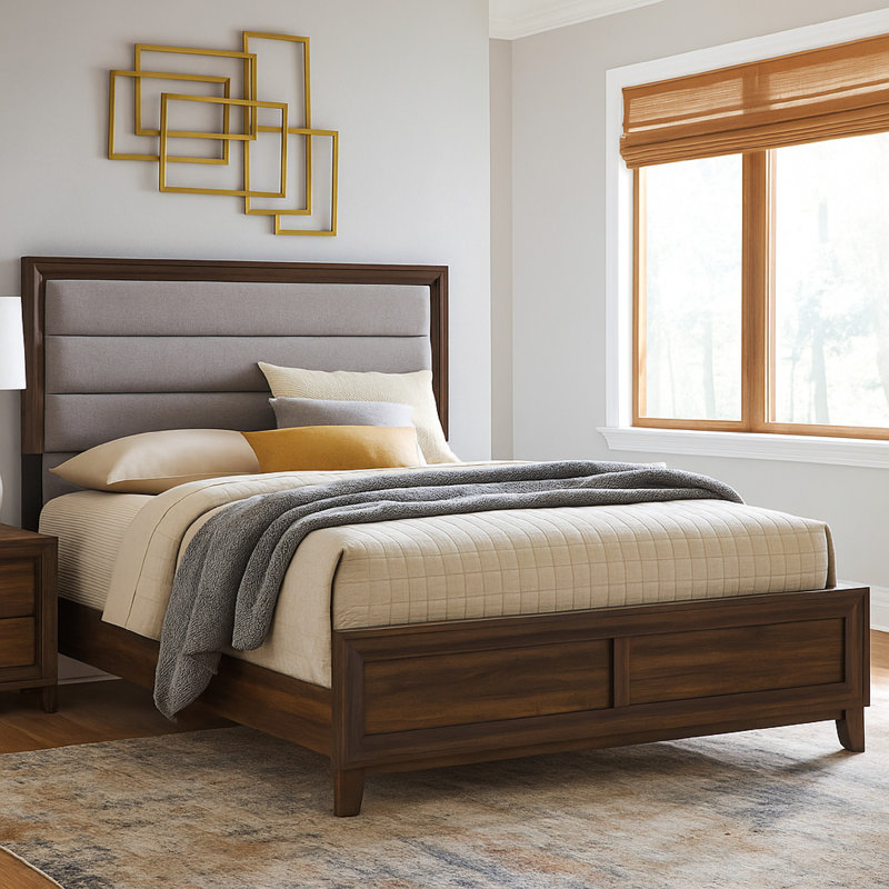 Lit Yels, revêtement taupe capitonné, bois brun foncé, Grand