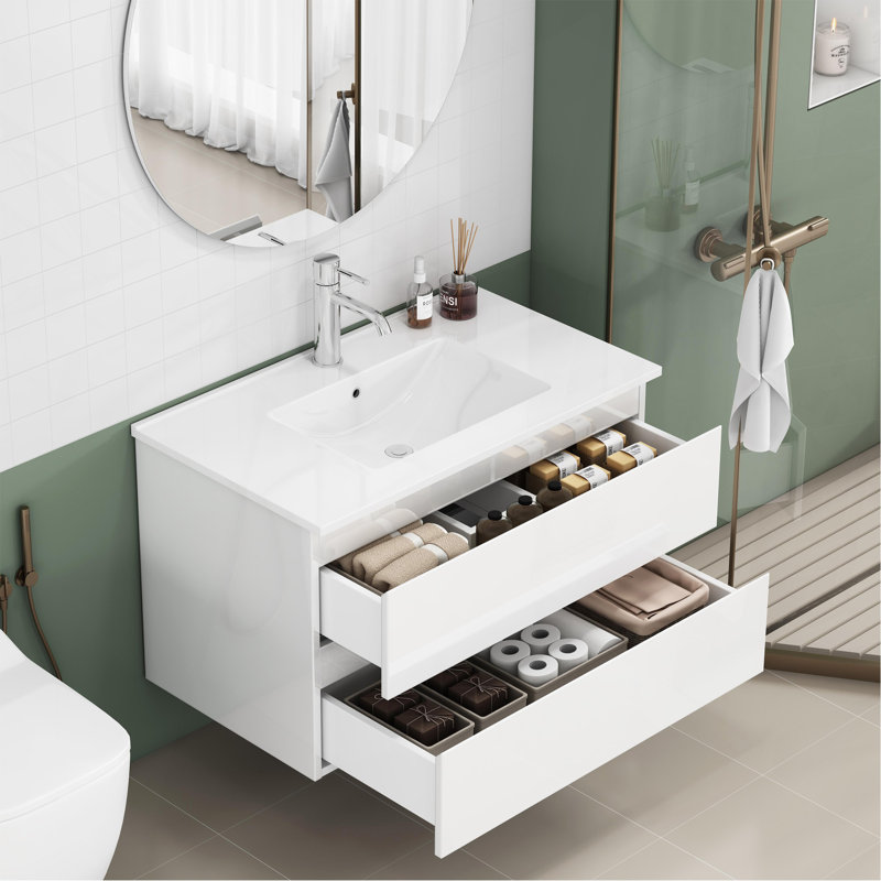 Ensemble de meuble-lavabo avec lavabo 31,5 po, armoire avec 2 grands tiroirs, système de fermeture en douceur, 2 grands tiroirs, conception sans poignée, assemblage facile, blanc brillant