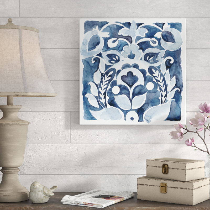 «Indigo Ornament II», peinture sur toile tendue, H 20 po x l 20 po