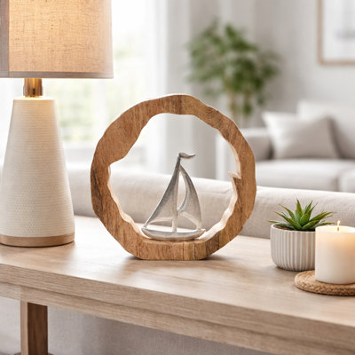 Decorative Figurine On Round Wooden Sculpture For Home Decor - Statue For Bedroom Styling, Shelf Accent, Or Living Room Decoration - Brown & Silver