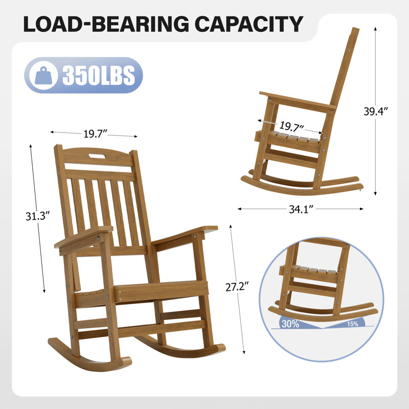 Ensemble de 2 chaises berçantes d'extérieur, chaise berçante de patio surdimensionnée et résistante aux intempéries, siège de véranda en poly haut dossier, capacité de poids de 350 lb pour la pelouse et le jardin, teck