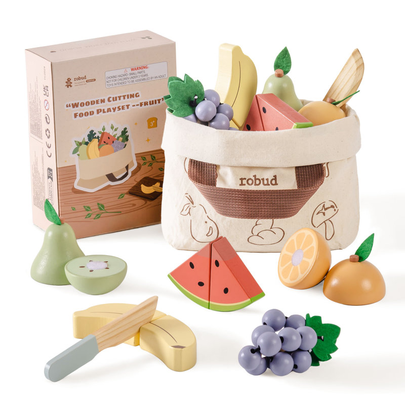 Wooden Play Food Cutting Fruits Set, Pretend Play Toy Food for Play Kitchen with Shopping Bag