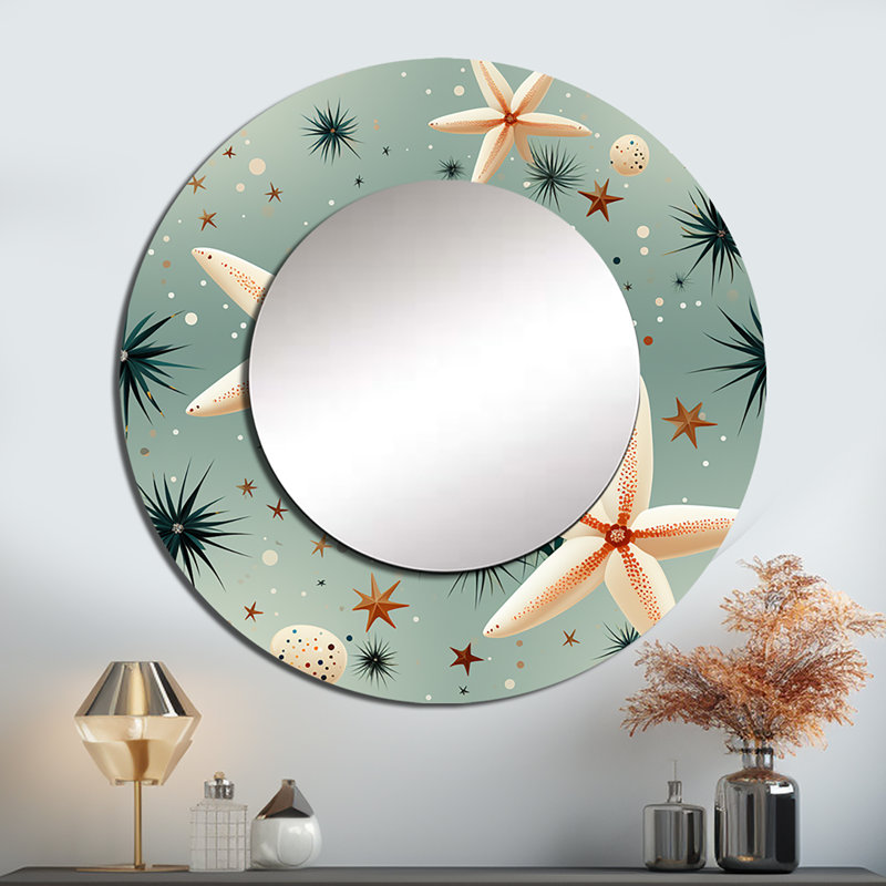 Coastal Starfish Stroll Beige Pattern - Coastal Large Mirror, Beige Round Decorative Wall Mirror, Printed Metal Art