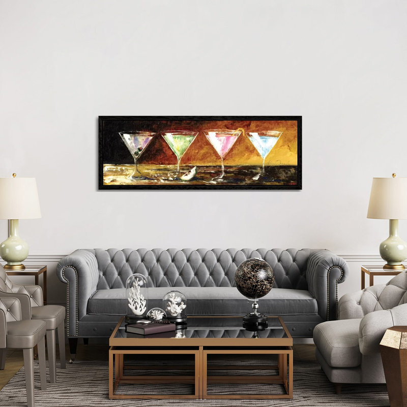 Four Martinis by Malenda Trick - Panoramic Painting on Canvas, 152.4 cm H x 50.8 cm W, Black Framed
