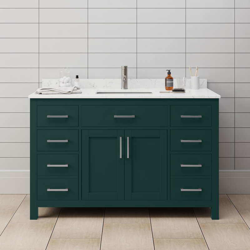 Beckett 54" Freestanding Single Bathroom Vanity with Cultured Marble Top, Green, Brushed Nickel, Carrara Cultured Marble