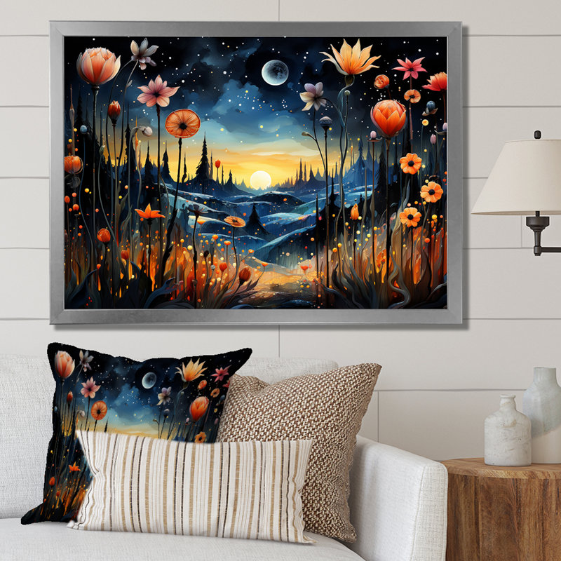 «Fantasy Floral Daydream 3 - Abstract Landscape», art mural, Cadre de coin argenté fermé, H 34 po x l 44 po x P 1,5 po