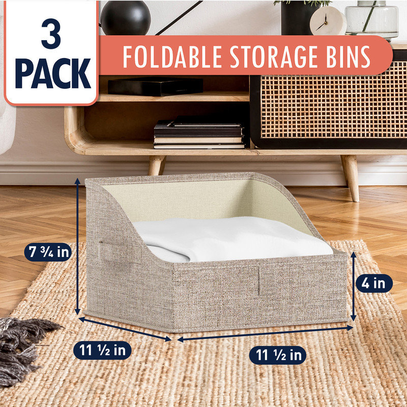 Ebern Designs 3 Pack Collapsible Trapezoid Storage Bins Bin, Ash Beige