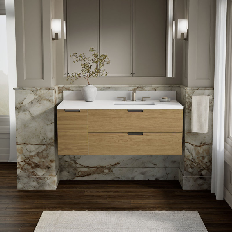 Maxstow 48 In. Wall-Hung Bathroom Vanity Cabinet With Sink And Quartz Top, Light Oak