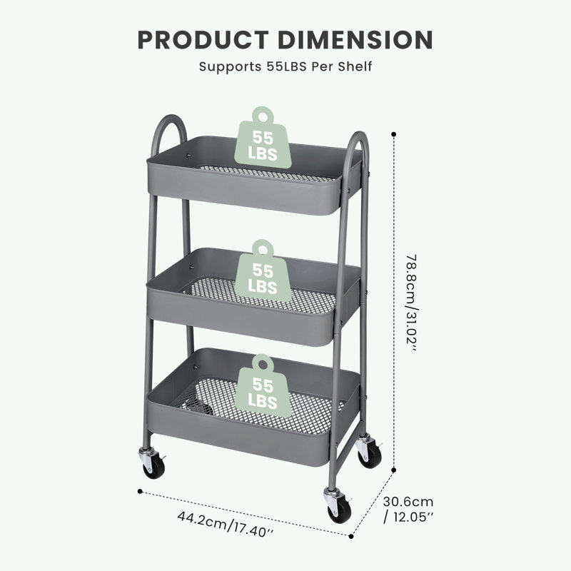 3-Tier Rolling Utility Cart with Locking Wheels, Metal Storage Organizer, Gray