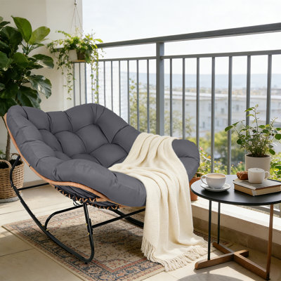 Oversized Wicker Rocking Chair Indoor Outdoor, 450 LBS Heavy Duty Patio Papasan Egg Chair with Cushion, E-Coated Frame Lounge Rocker for Garden Balcony Porch Living Room (Dark Gray)
