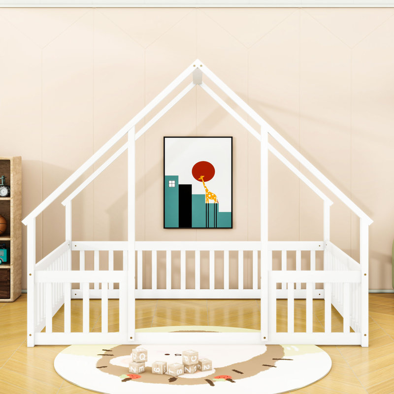 Lit de plancher en bois en forme de maison avec garde-corps, Double, Blanc