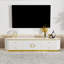 Meuble télé moderne pour téléviseurs jusqu'à 85 pouces, 4 tiroirs et un espace de rangement, design incurvé cannelé et panneau aspect marbre blanc pour salon