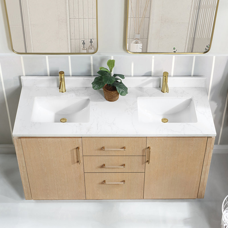 Cloverfield 60'' Double Bathroom Vanity with Cultured Marble Top, Gold, Washed Ash Gray