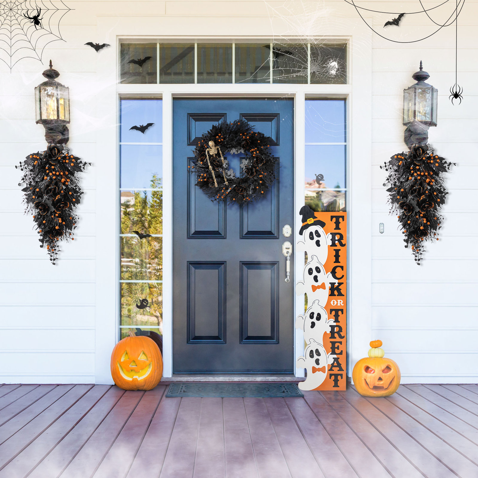 24"D Halloween  Black Rose, Skeleton And Berry Wreath Includes A Complimentary Black Metal Wreath Hanger
