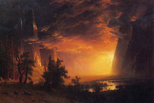 « lever dans yosemite valley » par albert bierstadt,, reproduction d’art