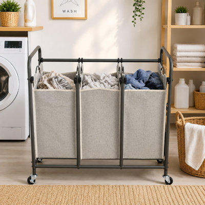 Chariot de tri à linge à compartiments multiples - Cadre en métal à roulement en douceur avec trois paniers en tissu amovibles - Votre aide à la maison idéale pour le tri