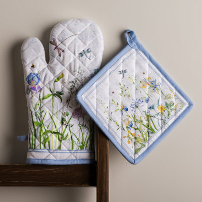 Ensemble 2 pièces de gant de cuisine et de gant de cuisinier maison D’Hermine fleurs de mai