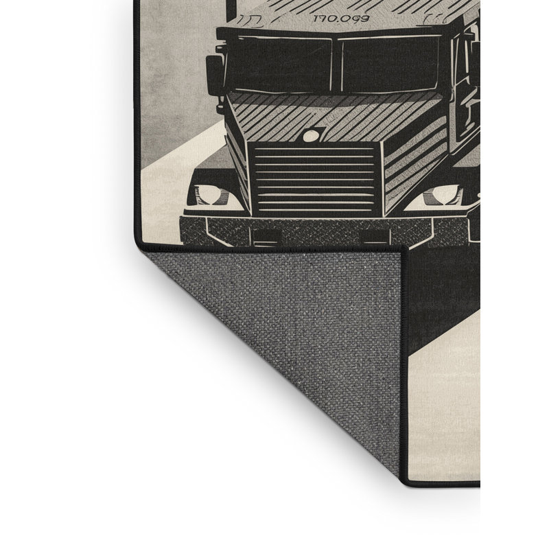 Soft Plush Eckman Transport Truck Convoy Modern Block Print Area Rug in Black – Black Binding, 2x4