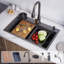 Évier de cuisine à simple cuve en acier inoxydable noir, évier de poste de travail avec accessoires coulissants