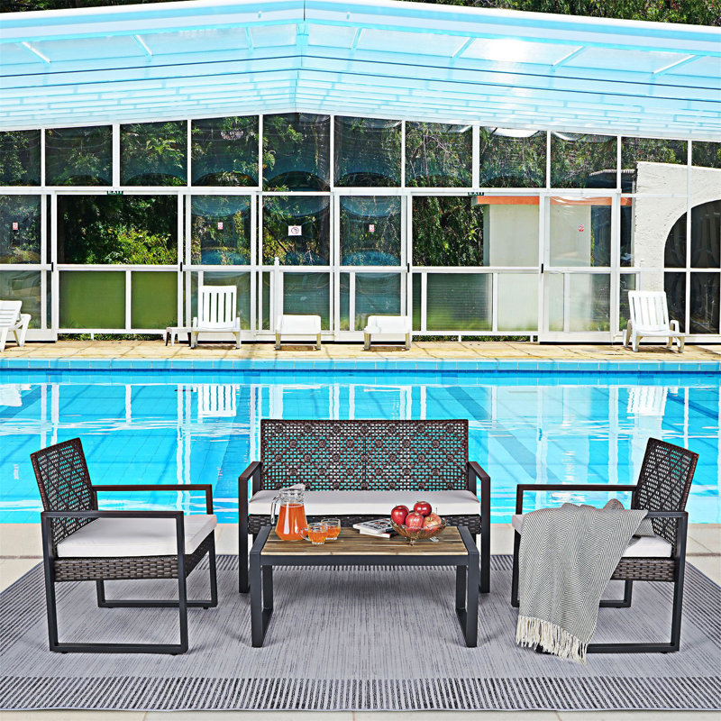4-Piece Outdoor Patio Furniture Set, Beig Cushion/Brown Frame