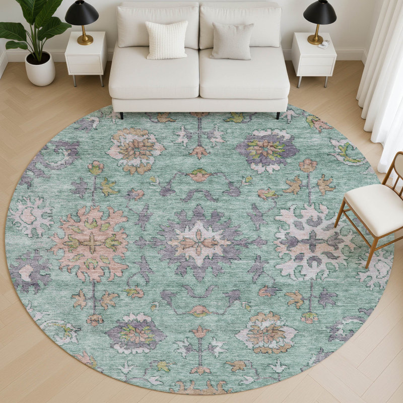 Premium Machine Washable Mayfield AMF2052 Global Rug, Mint, 8' Round