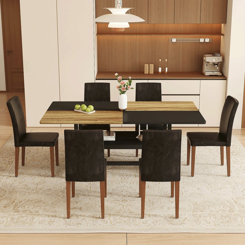Ensemble de table et de chaises.Une table de salle à manger circulaire épissée de couleur moderne - rangement double couche.Ajoutée à la technologie des chaises de salle à manger en tissu, simple et polyvalente, confortable.