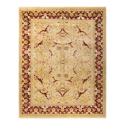 Tapis jaune / rouge / beige noué à la main de conception unique 8 pi 3 po x 10 pi 4 po Keenan