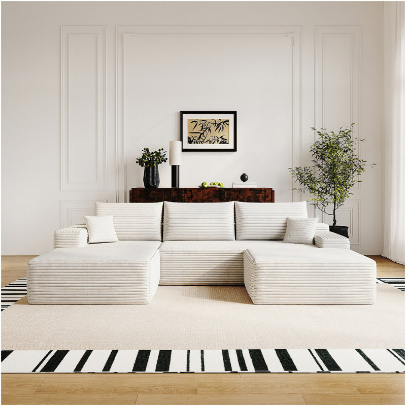 Canapé modulaire 107 po avec 1 repose-pieds Cloud, fauteuils rembourrés minimalistes modernes, canapé confortable en forme de U pour le salon, canapé d'angle à siège profond, aucun assemblage requis (tissu en velours côtelé moelleux), blanc