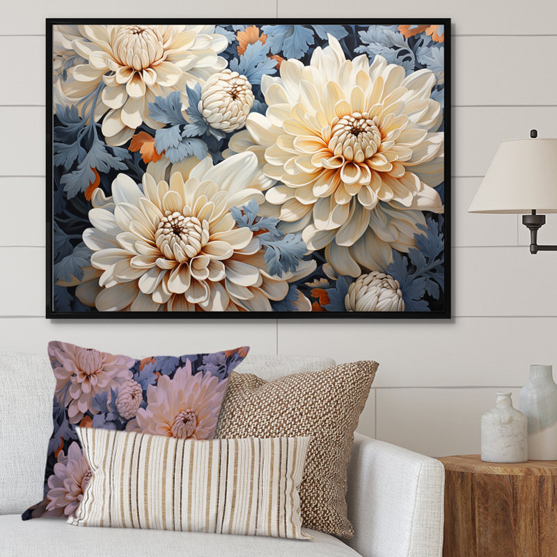 «White and Blue Chrysanthemums», mosaïque sur toile, H 12 po x l 20 po x P 1 po, Cadre flottant noir