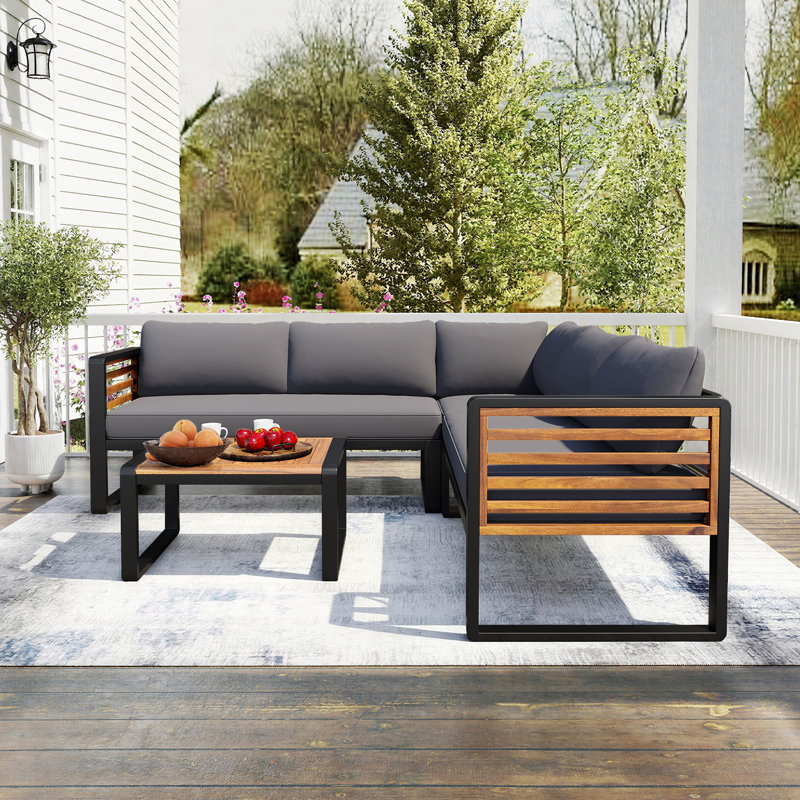 Canapé d'angle pour terrasse pour 5 personnes en L 76 po avec table basse et coussins moelleux, Gris
