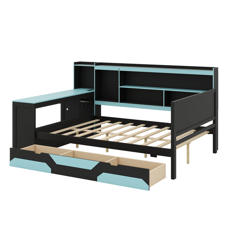 Lit de jour contemporain orienté jeu avec bureau et éclairage intégrés, structure de lit en bois comprenant 3 sections, tête de lit avec bibliothèque