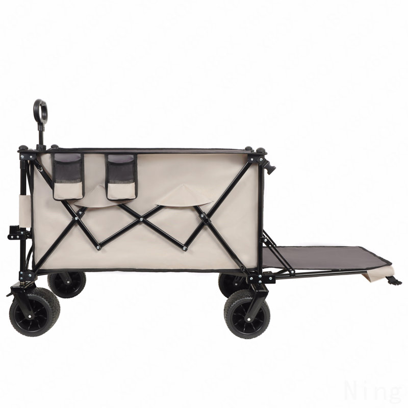 Chariot pliable avec hayon rallongé, chariot de wagon à rallonge extra long, chariot de chariot de plage robuste 480 lb avec de grandes roues de plage tout-terrain, gris kaki