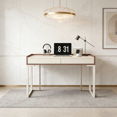 Modern Minimalist Cream Office Desk With Walnut-Colored Anti-Fall Edges