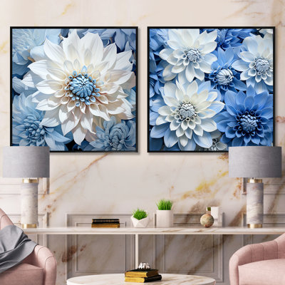 «Dahlia Embrace» blanc et bleu - ensemble de 2 collages carrés Dahlia