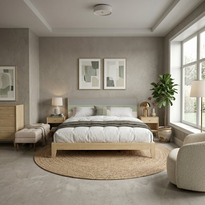 Allyannah Levison Platform Bed With Headboard, King, Oslo Oak/Cool Gray/Sage Green/White