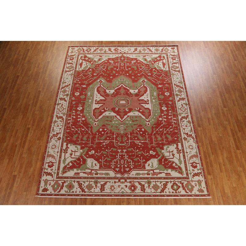 Tapis rouge / vert / ivoire noué à la main de conception unique 9 pi 9 po x 13 pi Heriz Serapi